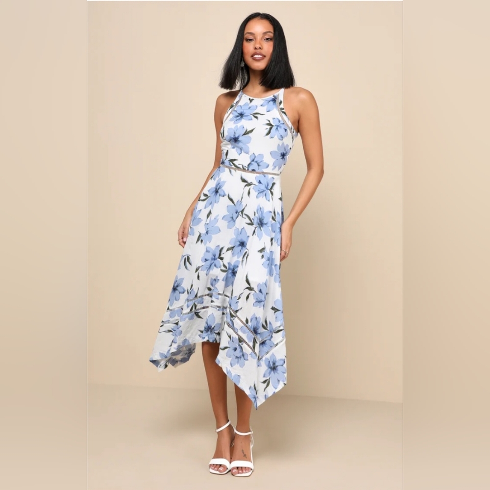 Lulus Blue and White Floral Dress- Medium